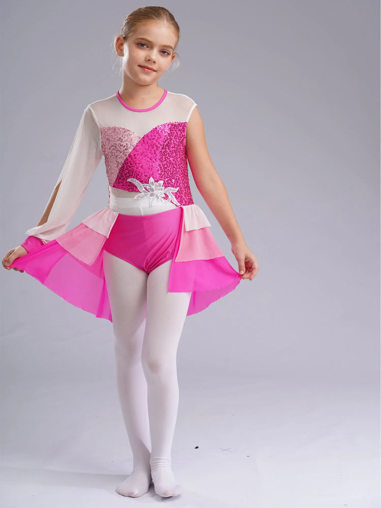 Kid Girl Lyrical Modern Dance Costume One Shoulder Tiered