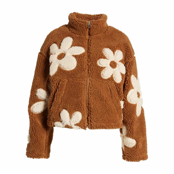 Womens Floral Fleece Jackets Winter Zipper Cropped Coat