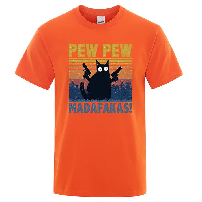 Pew Pew Madafakas Tshirt Men Short Sleeve Novelty Funny Cat
