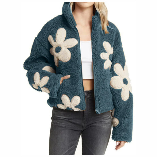 Womens Floral Fleece Jackets Winter Zipper Cropped Coat