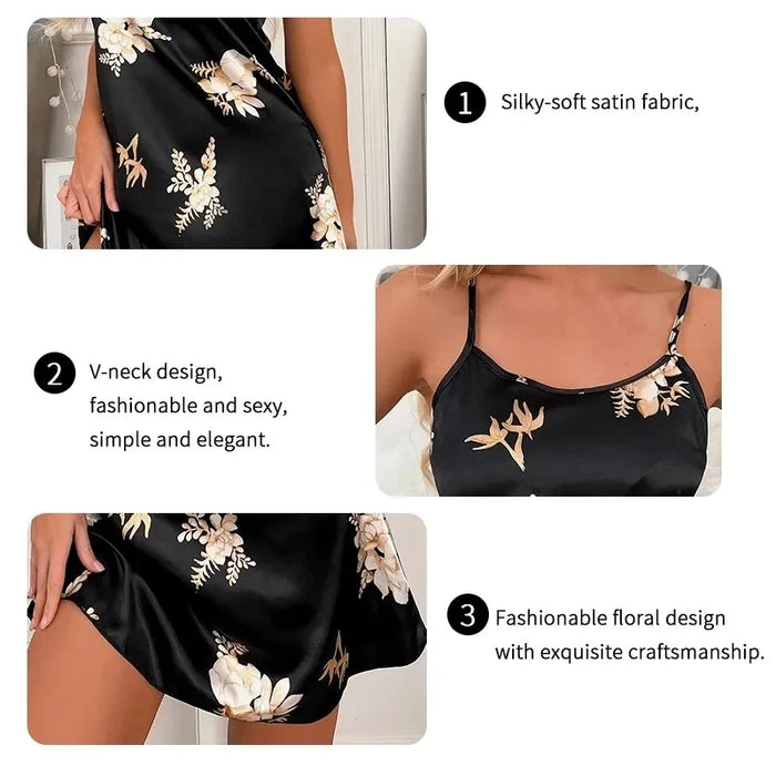 Women Nightwear Home Clothes Sexy Black Floral Printing