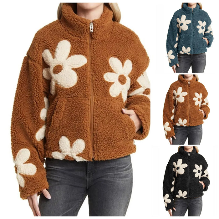 Womens Floral Fleece Jackets Winter Zipper Cropped Coat