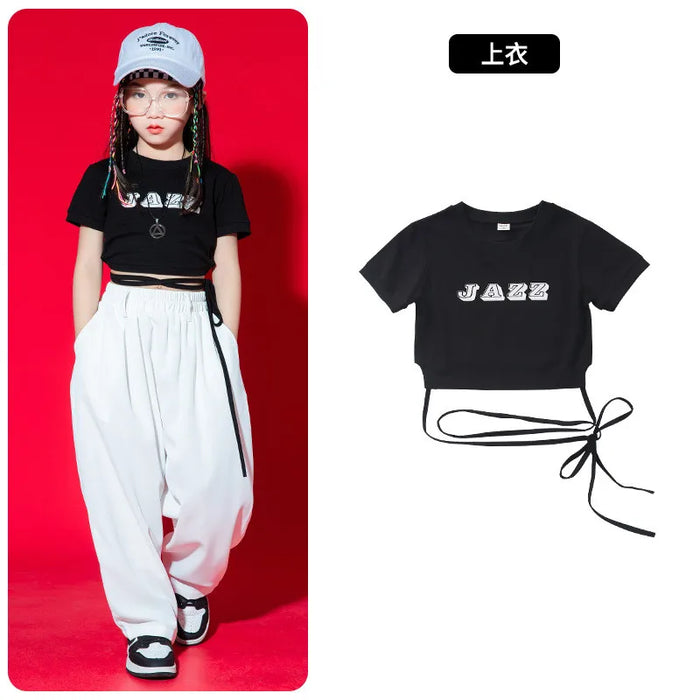 Kid Kpop Hip Hop Clothing White Black Lace Up Crop Top T