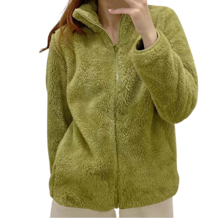 Women Casual Zip Up Fleece Jacket Solid Color Long Plush