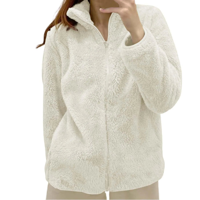 Women Casual Zip Up Fleece Jacket Solid Color Long Plush
