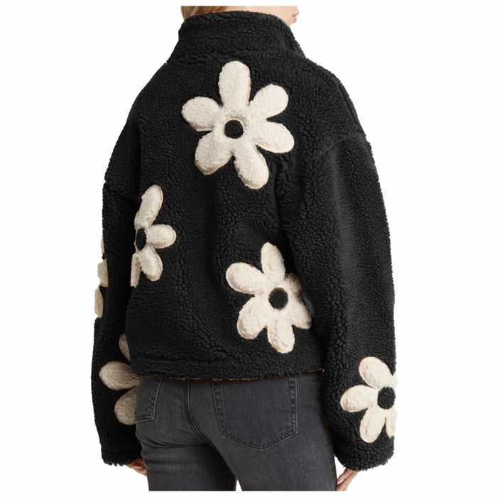 Womens Floral Fleece Jackets Winter Zipper Cropped Coat