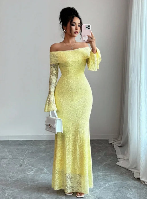 Ladies One Shoulder Dress With Lace Solid Color Suitable