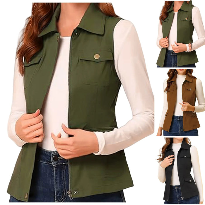 Womens Comfy Zip Up Jacket Solid Color Sleeveless Utility