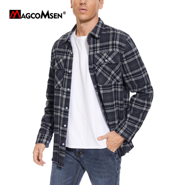 Magcomsen Autumn Windproof Mens Flannel Shirt Warm Long
