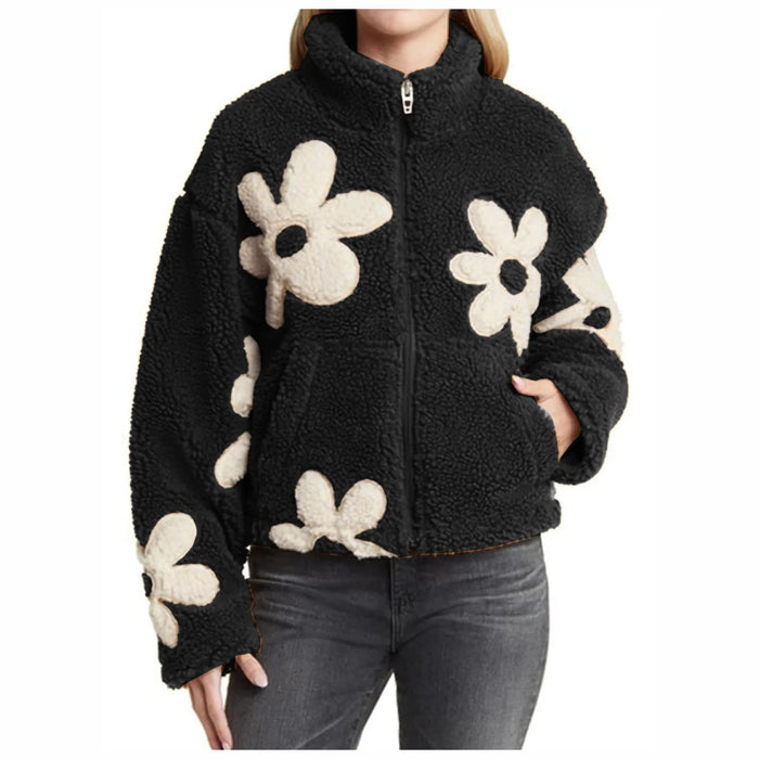 Womens Floral Fleece Jackets Winter Zipper Cropped Coat