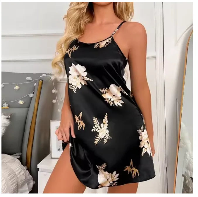 Women Nightwear Home Clothes Sexy Black Floral Printing