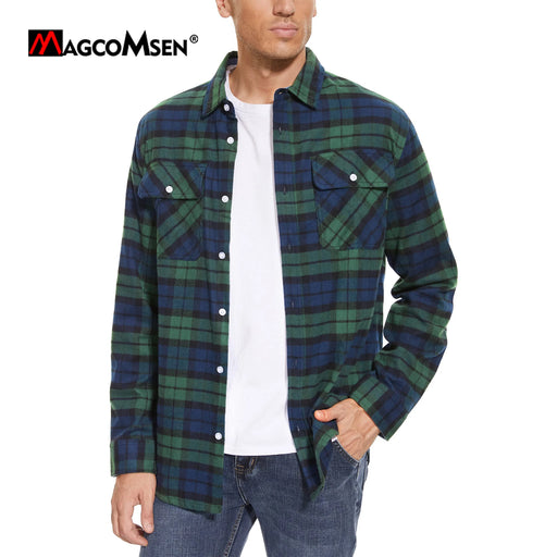 Magcomsen Autumn Windproof Mens Flannel Shirt Warm Long