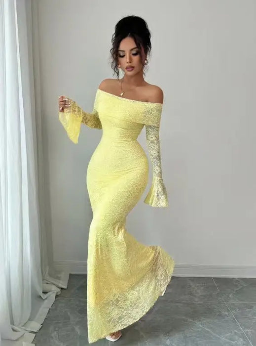 Ladies One Shoulder Dress With Lace Solid Color Suitable