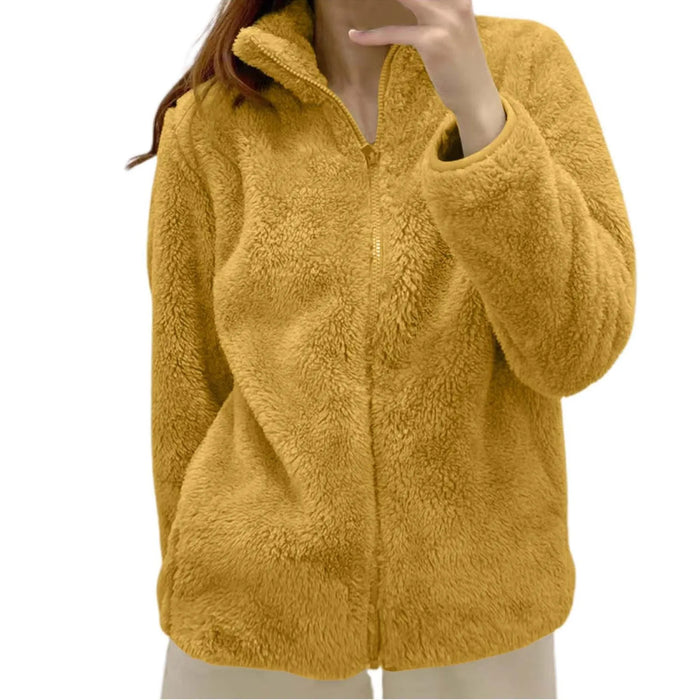 Women Casual Zip Up Fleece Jacket Solid Color Long Plush