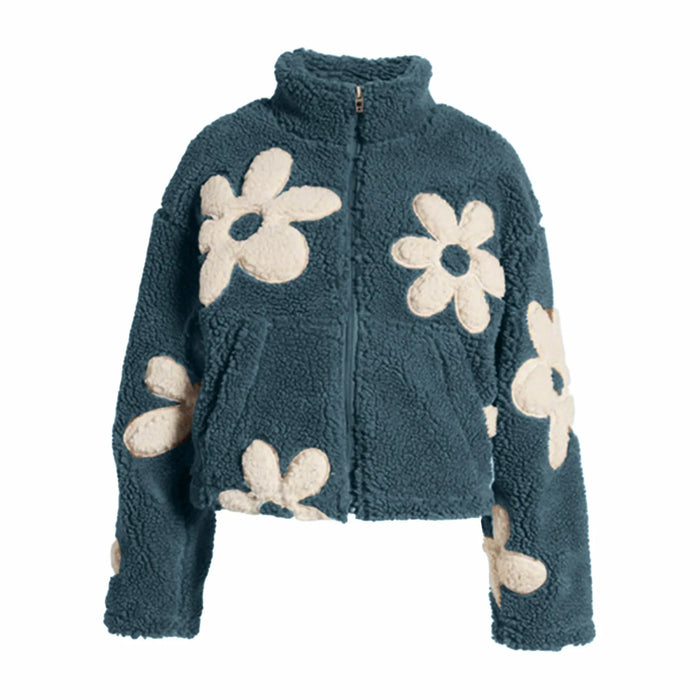 Womens Floral Fleece Jackets Winter Zipper Cropped Coat