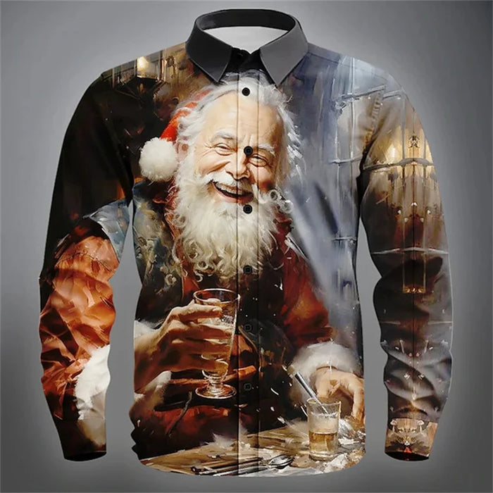 2026 New Mens Christmas Shirt Button Long Sleeve Fun